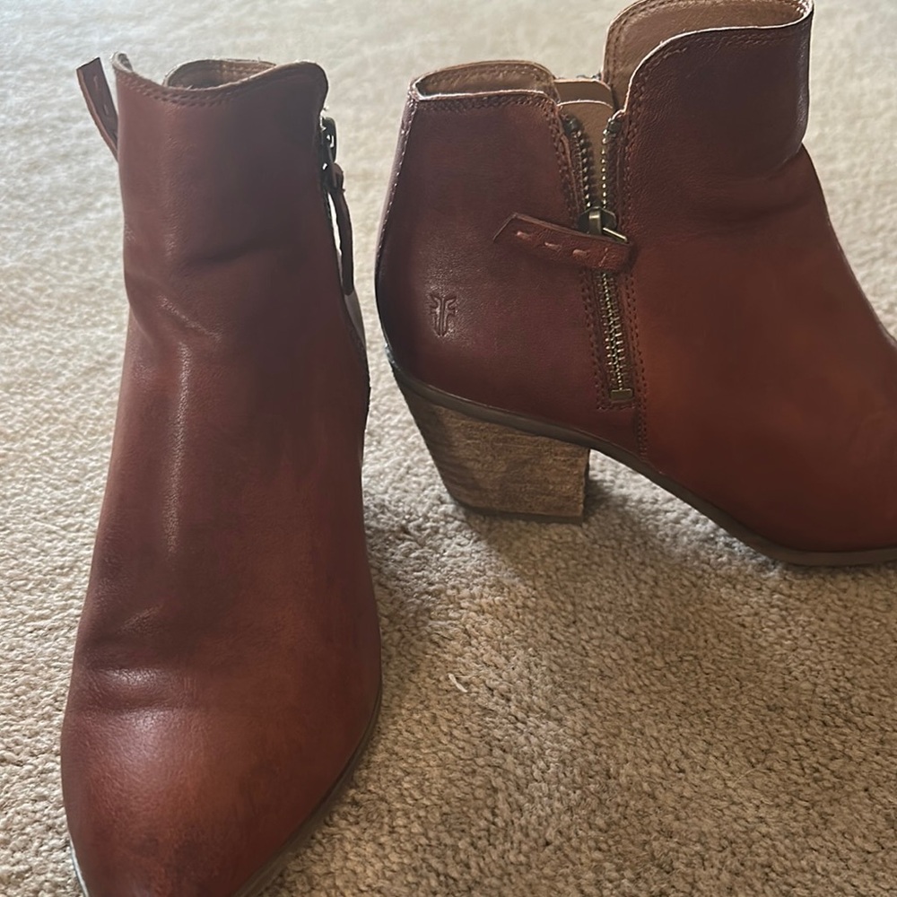 Frye Brown Ankle Boots with Stacked Heel and Zipper